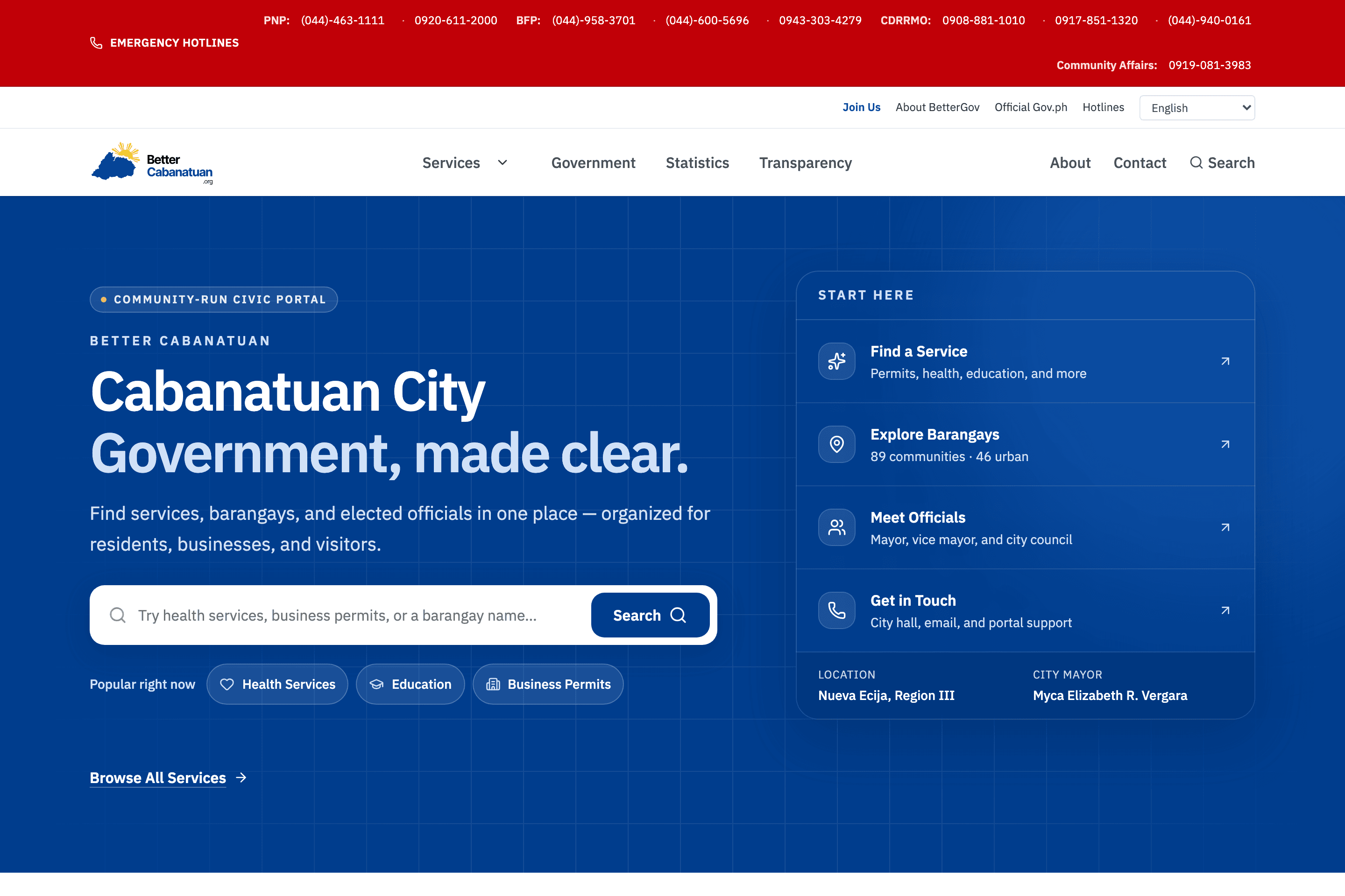 Better Cabanatuan's homepage with a city portal search bar and shortcuts to services, barangays, officials, and contact details.