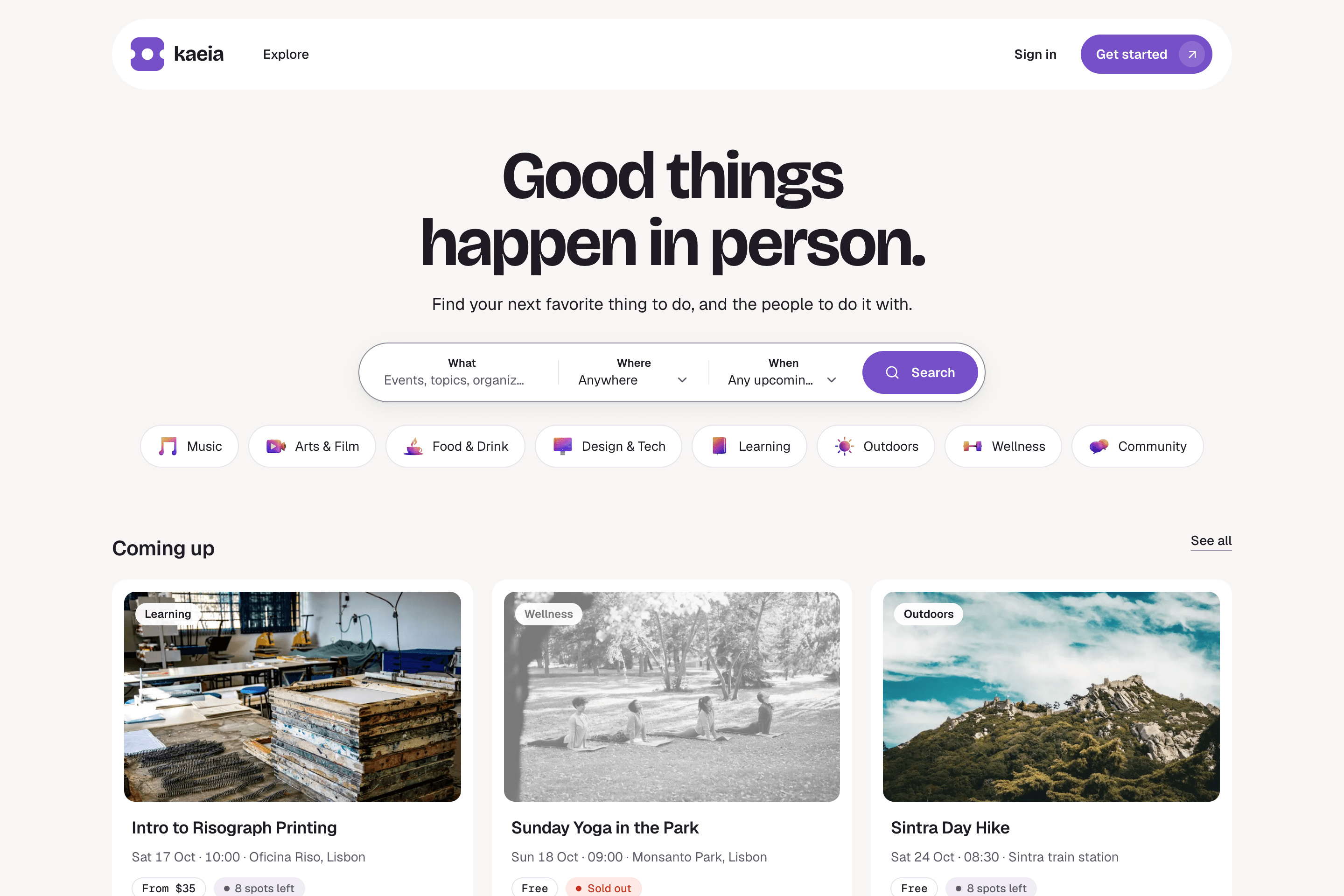 Kaeia's landing page with an event search bar, category chips, and upcoming events.