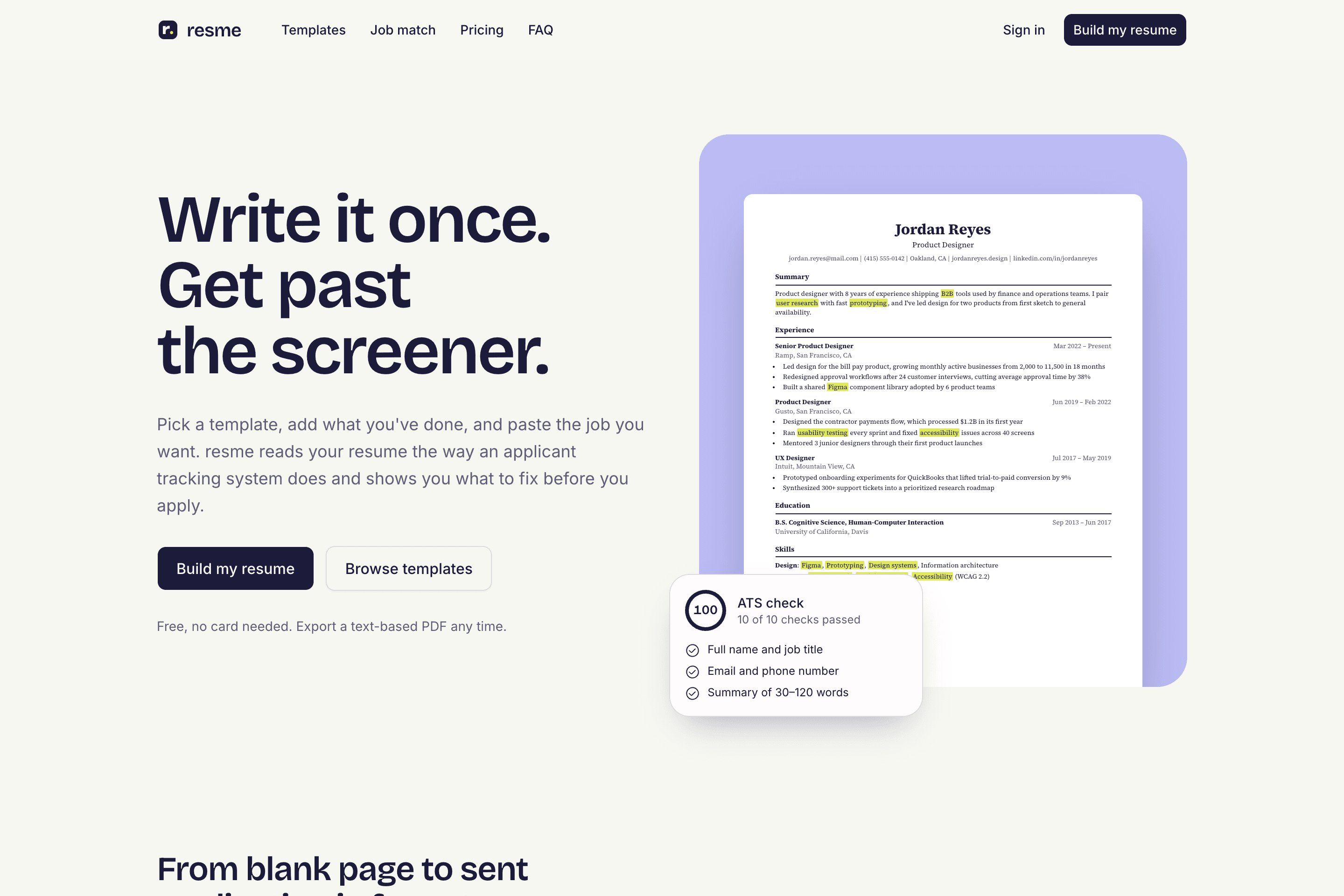 Resme's landing page with a sample resume, highlighted keywords, and an ATS check scoring 100.